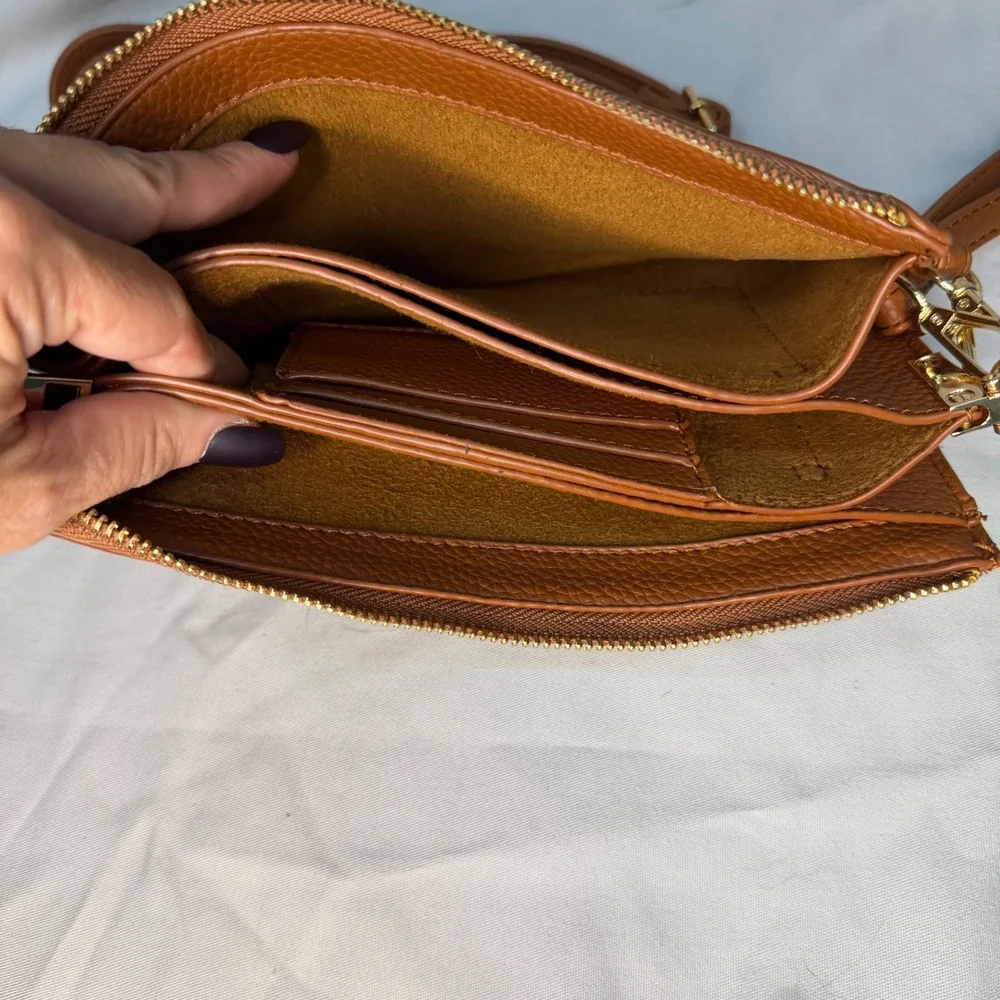 Cognac Brown Pebbled Vegan Leather Crossbody Bag Gold Hardware Multi Compartment